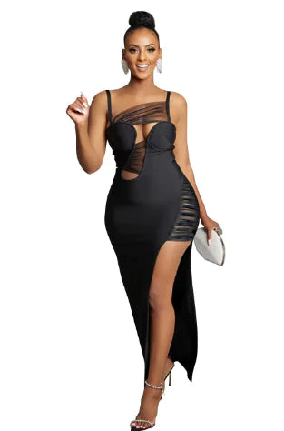 Mesh Patchwork High Split Spaghetti Strap Maxi Dress