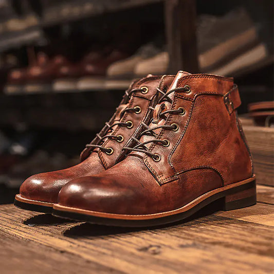 Men's Retro Lace-up Leather Ankle Motorcycle Boots