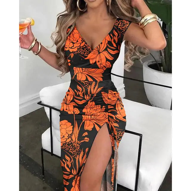 Summer V-Neck High Slit Dress