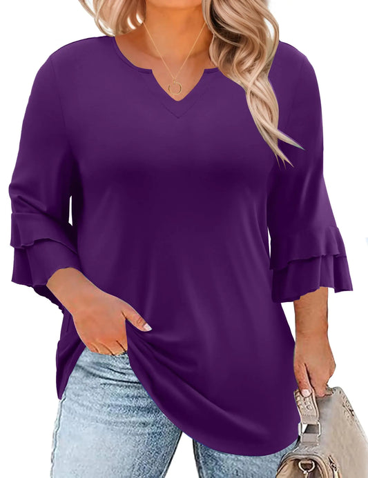 TFSDOD 3/4 Length Sleeve Womens Tops Plus Size Solid V Neck T Shirt Summer Spring Blouse Purple 2XL