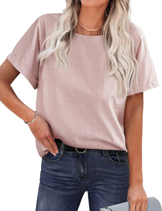 Chigant Linen Shirts for Women Short Sleeve Cotton Blouse Tunic T Shirts Casual Loose Top Pink