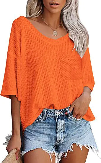 V-neck Summer Short Sleeve Green Shirts for Women