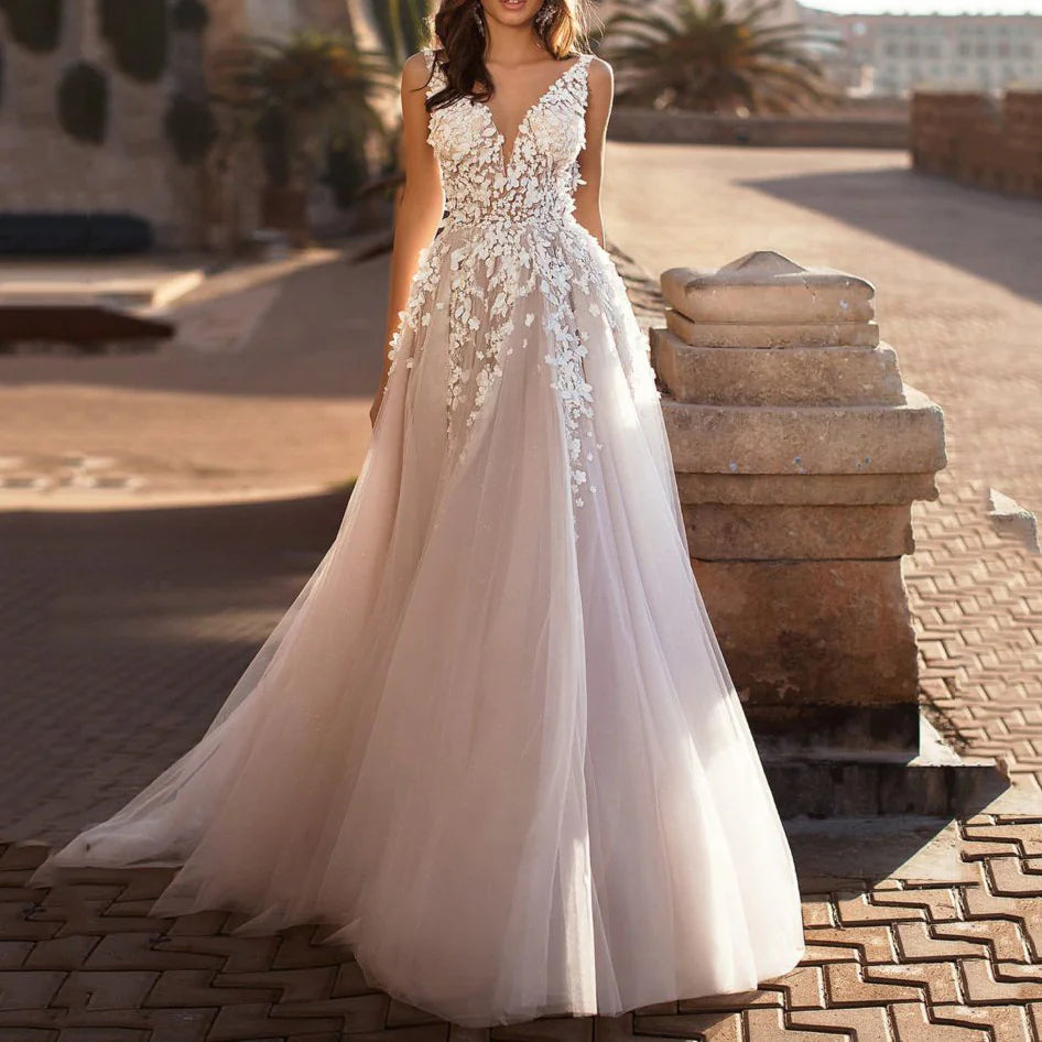 Lace Sleeveless Deep V-Neck Wedding Dress