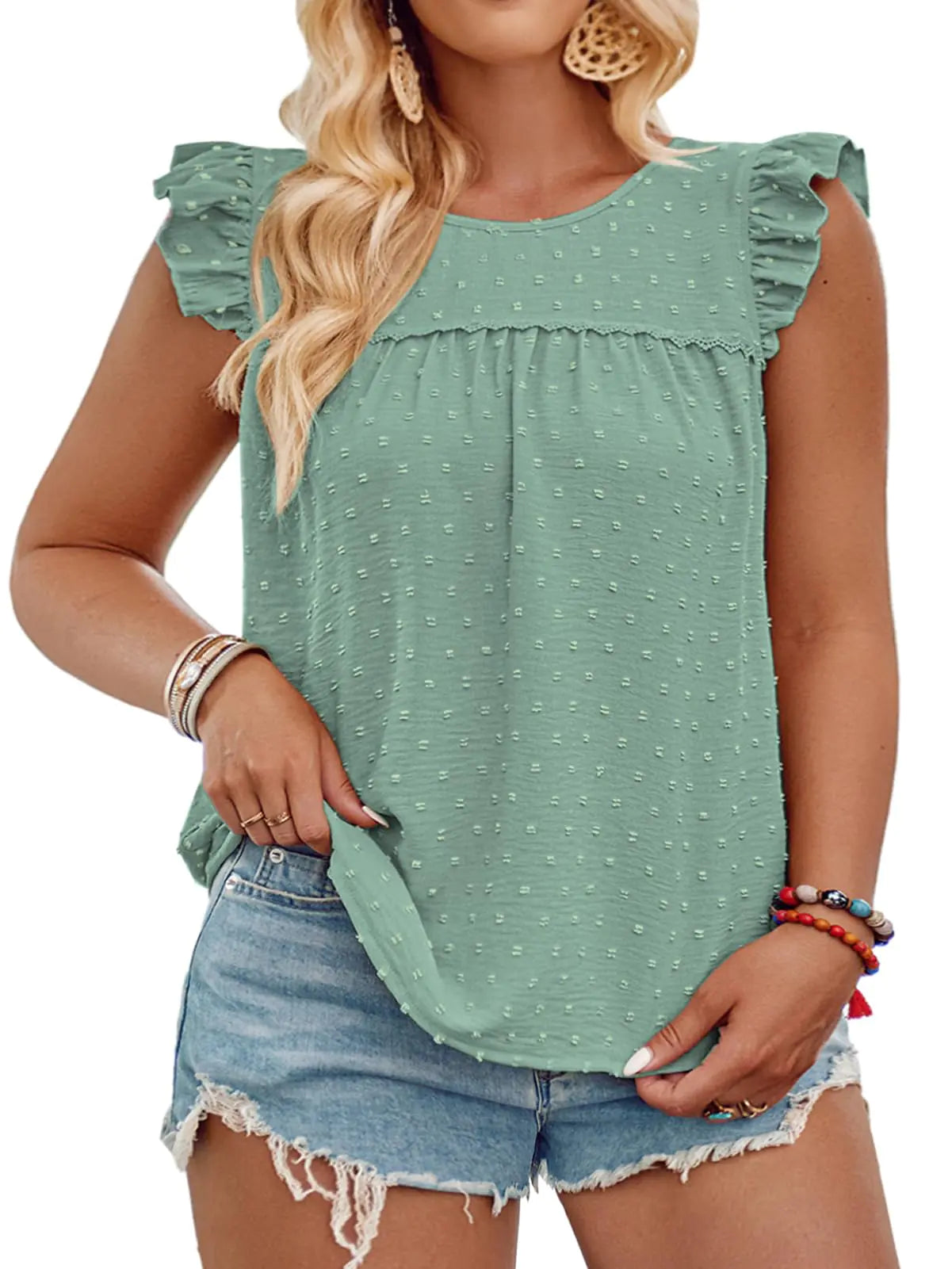 3X Womens Tops Plus Size Trendy Crewneck Ruffle Sleeve Pleated Blouse Light Green