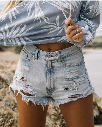 High Waist Ripped Tassel Denim Shorts for Women (One Piece)