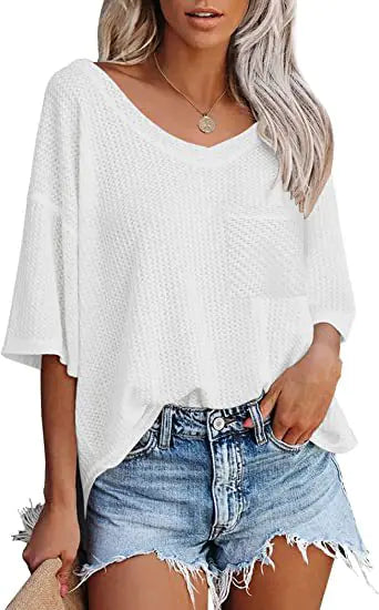 V-neck Summer Short Sleeve Green Shirts for Women