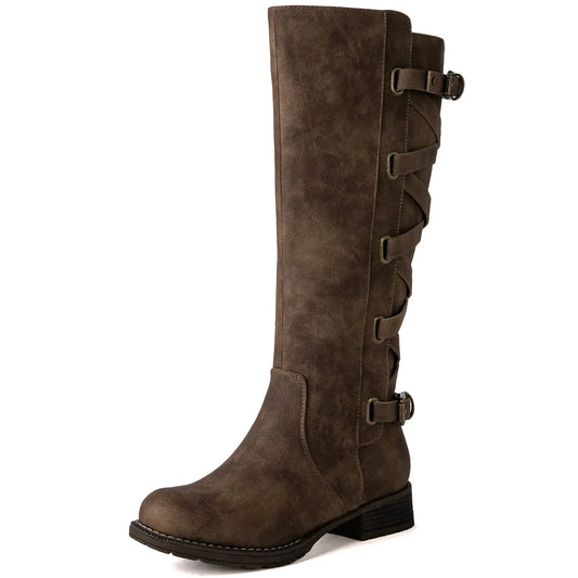 GLOBALWIN Womens Camel Knee High Motorcylce Boots Strappy Boots For Women 8.5M