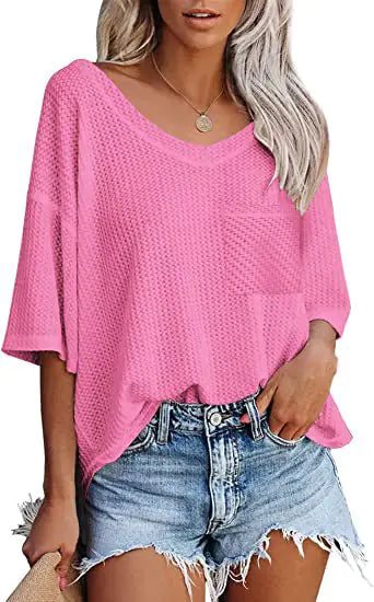 V-neck Summer Short Sleeve Green Shirts for Women