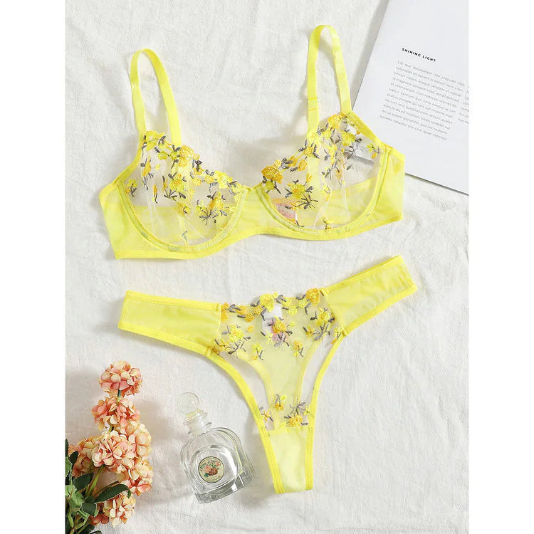 Low Waist Lace Flower Embroidery Bra Set