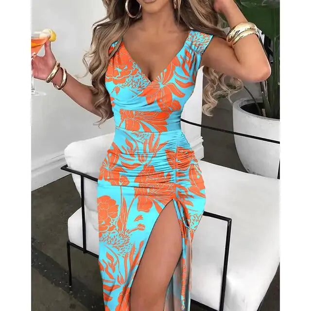 Summer V-Neck High Slit Dress