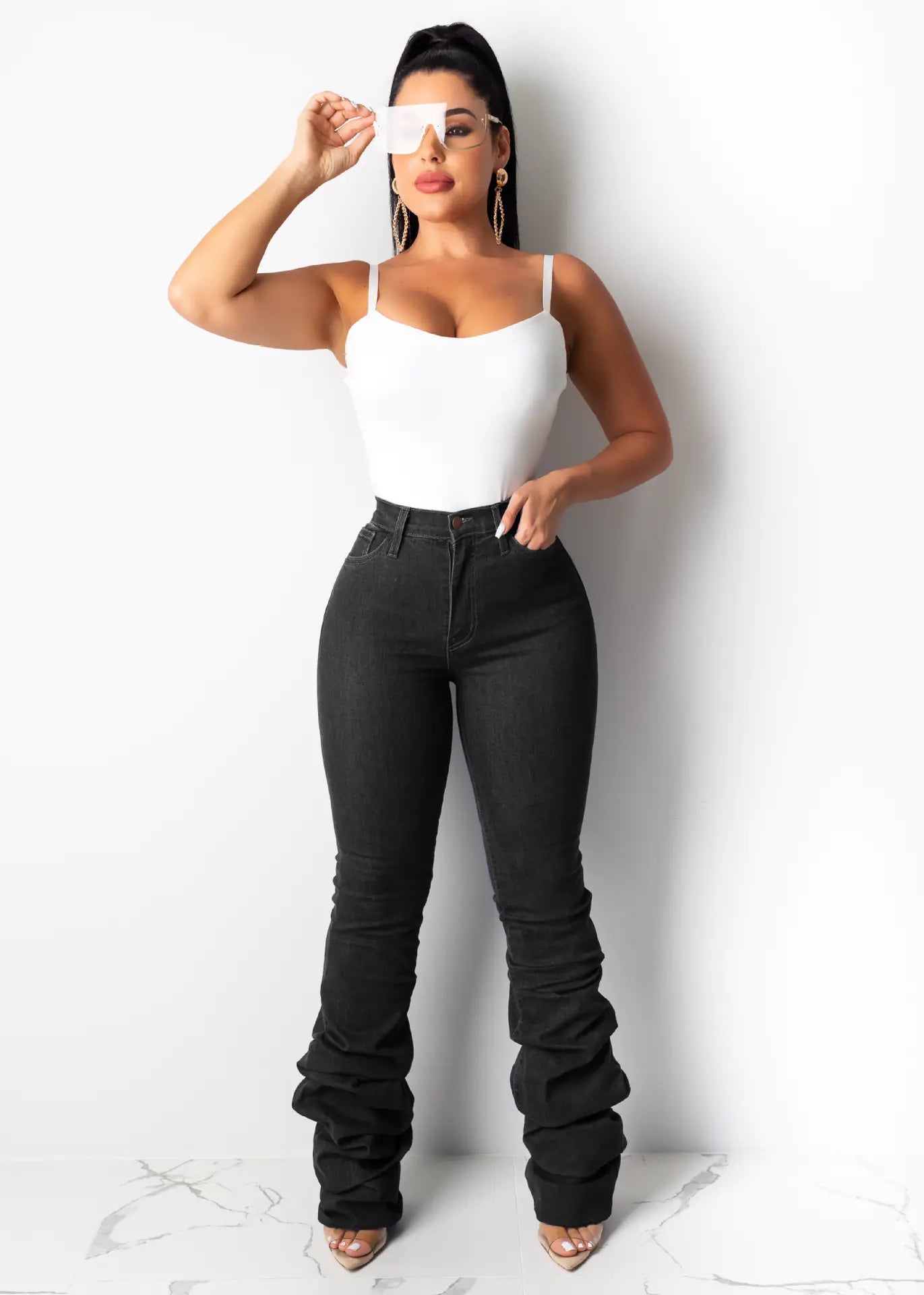 Stacked Denim Jeans, Long Denim Pants, Flared Denim Pants