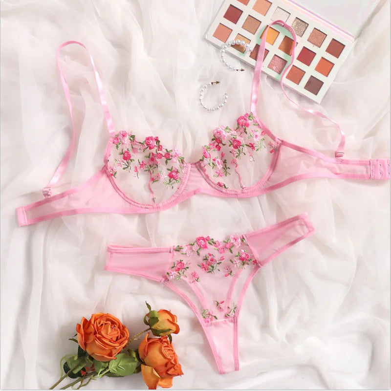 Low Waist Lace Flower Embroidery Bra Set