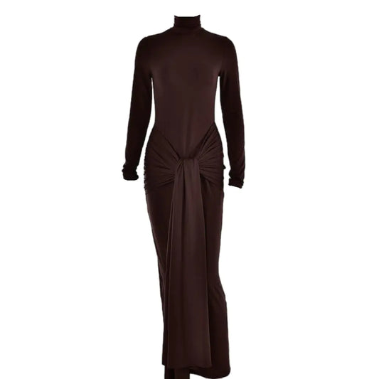 heyheyshine Womens Long Sleeve Turtleneck Dress Bodycon Maxi Dress Casual Long Dress Hollow Tie Waist Dress Bodycon Dress (BrownLLarge)