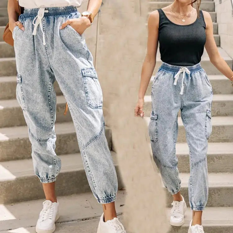 Slim-Fit Women's Washed Lace-up Jeans Trousers