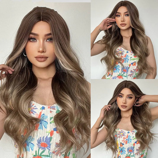 Medium Gradient Gray and Brown Long Curly Wig