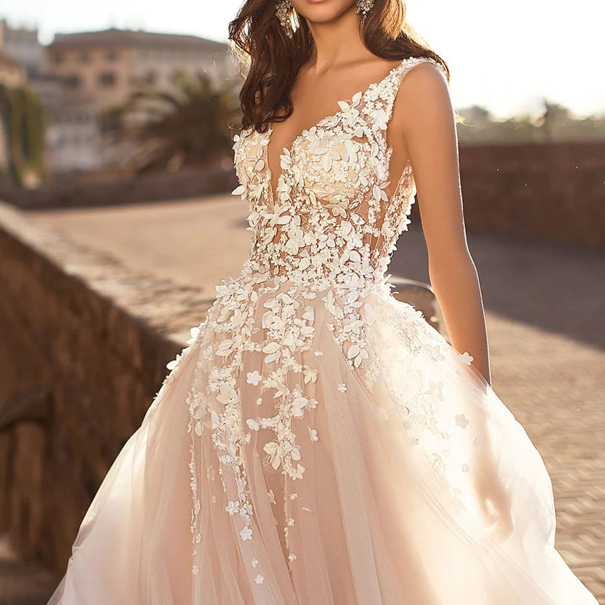 Lace Sleeveless Deep V-Neck Wedding Dress