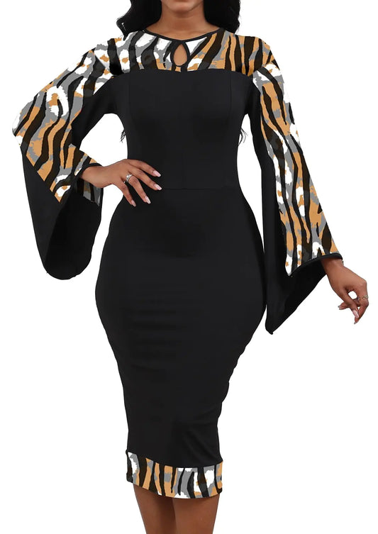 Oxgmoky Womens African Print Dress Church Dresses Work Business Bodycon Sleeve Round Neck Black Khaki Pencil Dresses