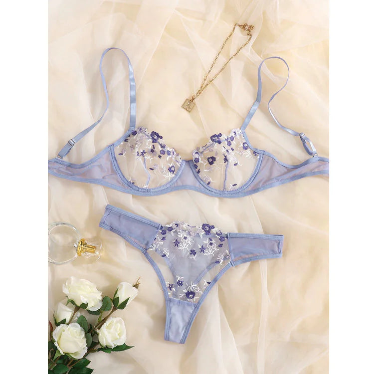 Low Waist Lace Flower Embroidery Bra Set