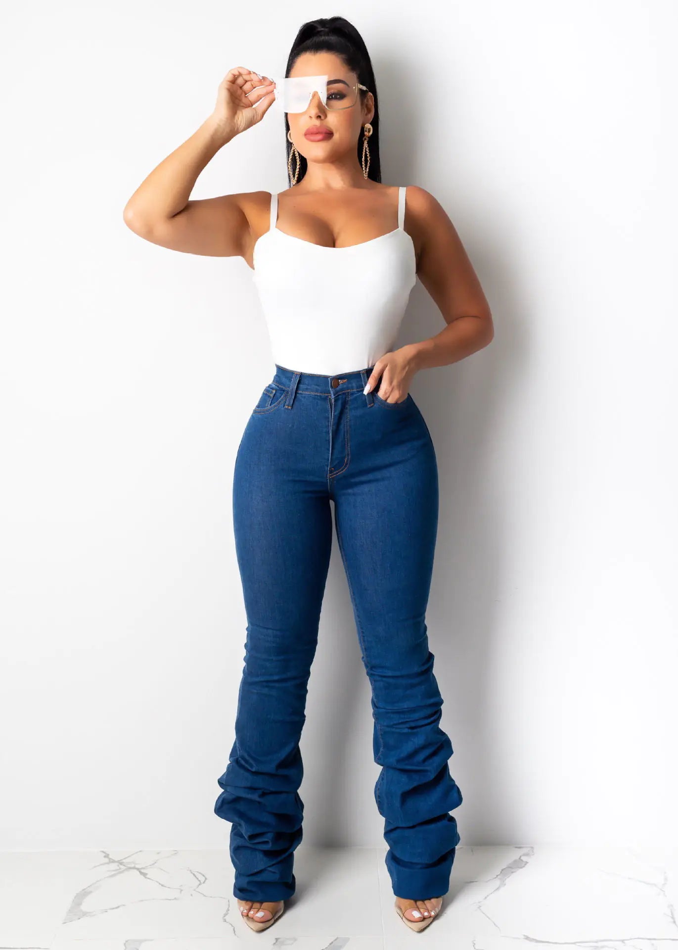 Stacked Denim Jeans, Long Denim Pants, Flared Denim Pants