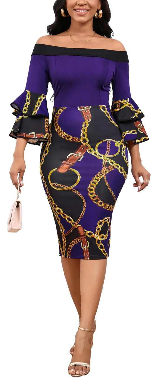 Bodycon Pencil Dress for Women Knee Length Church Dresses Sexy Off Shoulder Ruffles Sleeve Printed African Dress for Party Club Night