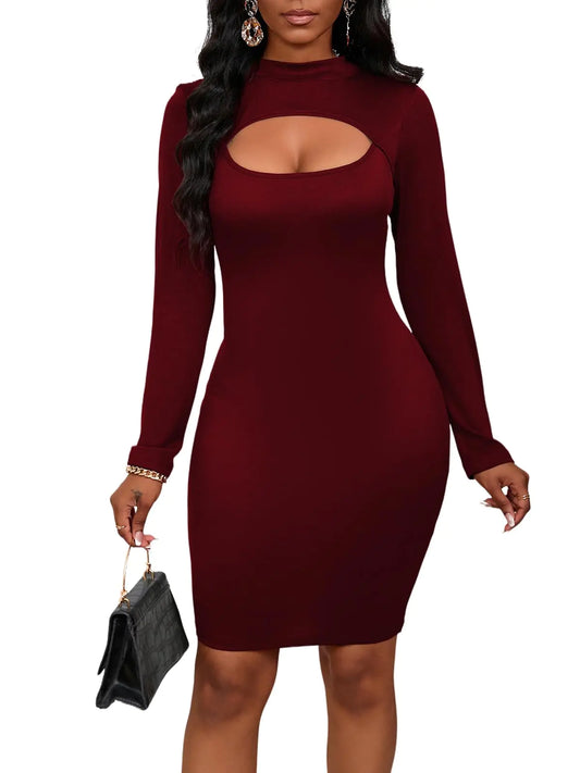 Womens Sexy Bodycon Club Party Mini Dress Cut Out Long Sleeve Mock Neck Dresses