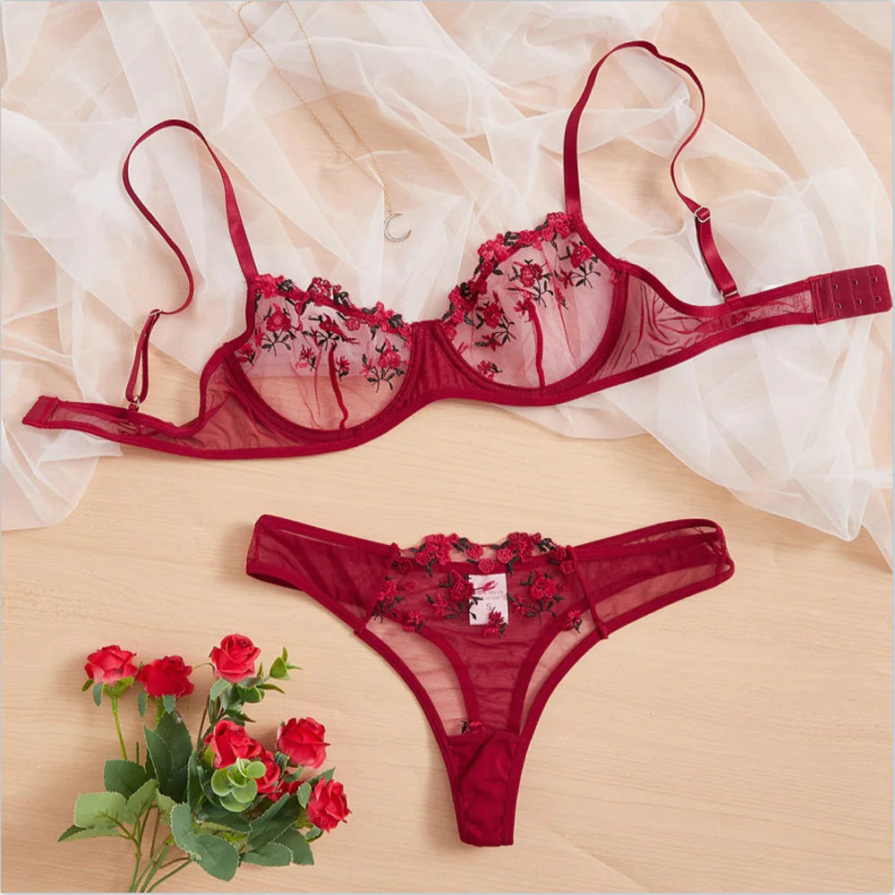 Low Waist Lace Flower Embroidery Bra Set