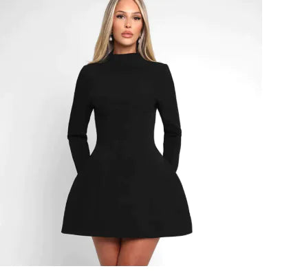 Solid Color Crew Neck Long Sleeve Slim Skirt (1 Piece)