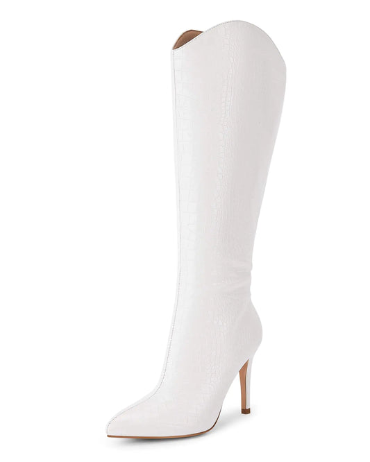 Coutgo Womens Knee High Boots Stiletto High Heels Pointed Toe Faux Crocodile Tall Boots Fall Winter Shoes White Size 10