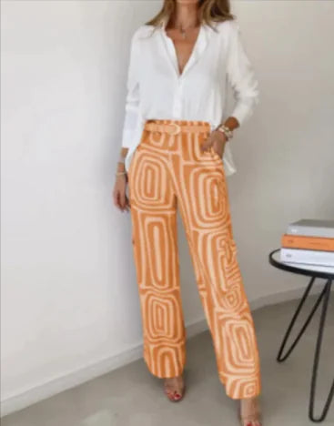 Printed Lapel Shirt & Wide-Leg Pants Set