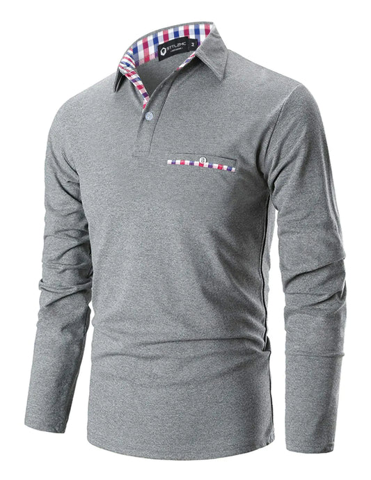 STTLZMC Polo Shirts for Men Long Sleeve Casual Fit Plaid Collar T-ShirtsGreyLarge