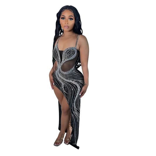 Women's Rhinestone Mesh Slip Dress for Night Club