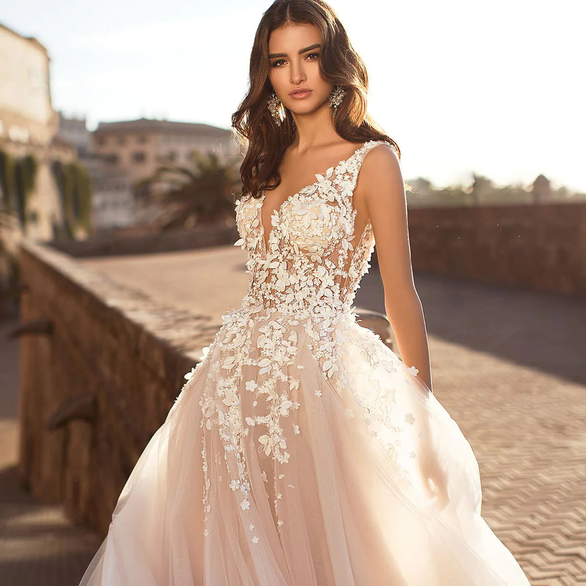 Lace Sleeveless Deep V-Neck Wedding Dress