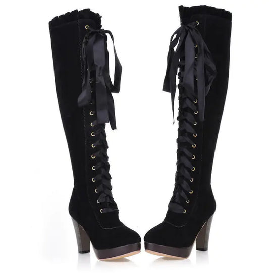 Velvet Strappy High Heels Tall Boots for Women