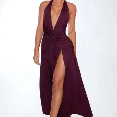 Socialite Style Hot Girl V-neck Halter Sexy Slit Pleated Dress